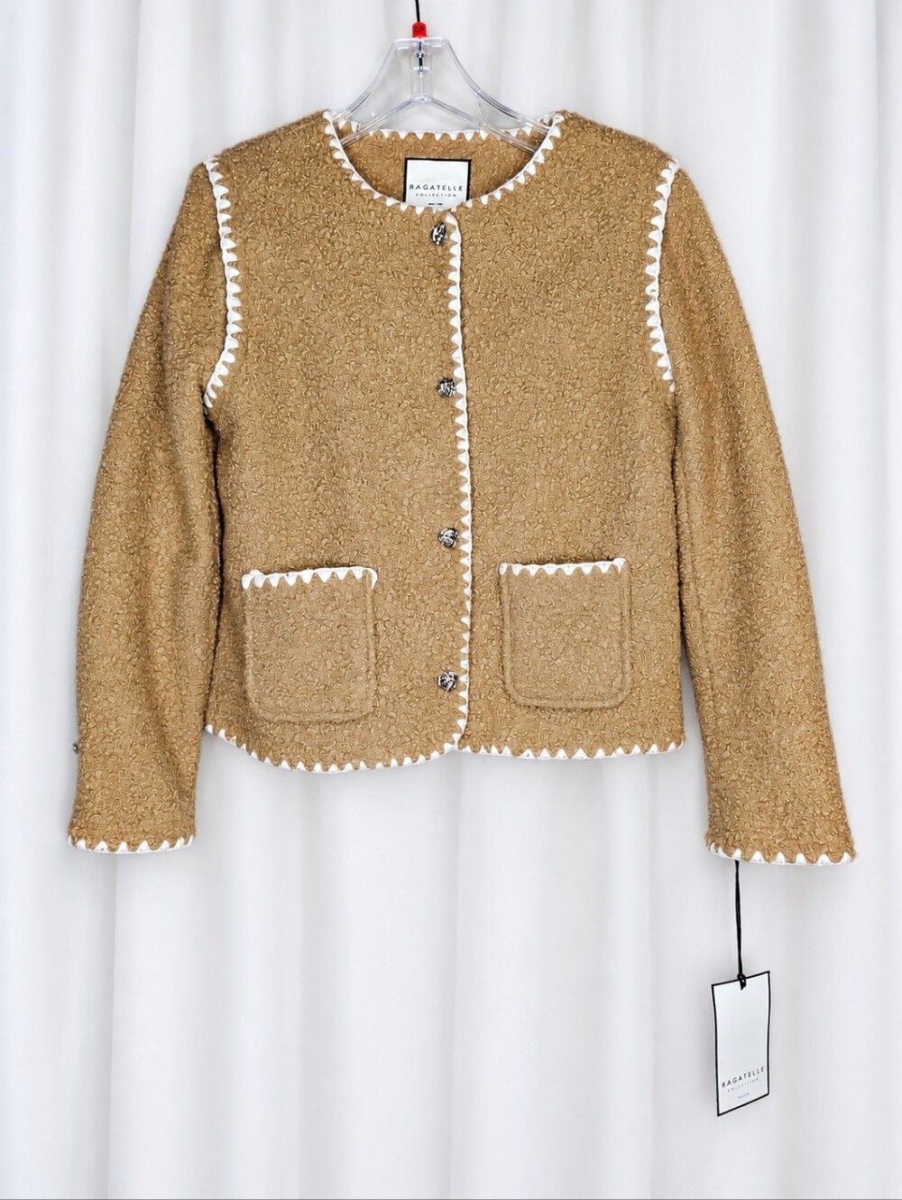 Bagatelle Collection Camel Bouclé White Whipstitch Button Front Lady Jacket